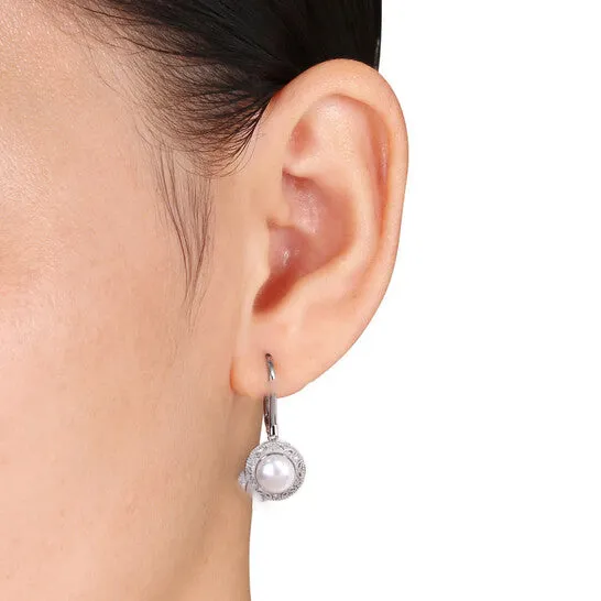 JMS always Earrings Original AMOUR 2 Piece Set Of 758 Mm Cultured Freshwater Pearl and 110 CT TW Diamond Halo Leverback Earrings and Pendant with Chain In Sterling Silver JMS always Earrings Original AMOUR 2 Piece Set Of 758 Mm Cultured Freshwater Pearl and 110 CT TW Diamond Halo Leverback Earrings and Pendant with Chain In Sterling Silver