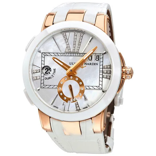 JMS always Watches Original Ulysse Nardin Executive Dual Time Mother of Pearl Diamond Dial 18kt Rose Gold White Leather Ladies Watch 24610391 JMS always Watches Original Ulysse Nardin Executive Dual Time Mother of Pearl Diamond Dial 18kt Rose Gold White Leather Ladies Watch 24610391