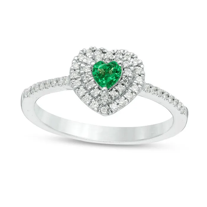 LabCreated Emerald and 020 CT TW Diamond Double Frame Heart Promise Ring in Sterling Silver Goldia Rings LabCreated Emerald and 020 CT TW Diamond Double Frame Heart Promise Ring in Sterling Silver Goldia Rings