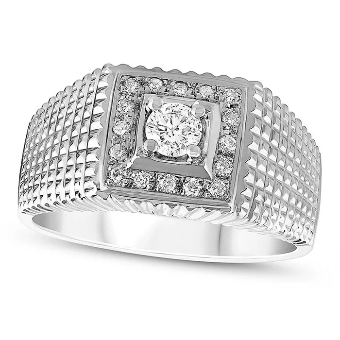 Mens 038 CT TW Natural Diamond Square Frame Textured Ring in Solid 14K White Gold Goldia Rings Mens 038 CT TW Natural Diamond Square Frame Textured Ring in Solid 14K White Gold Goldia Rings