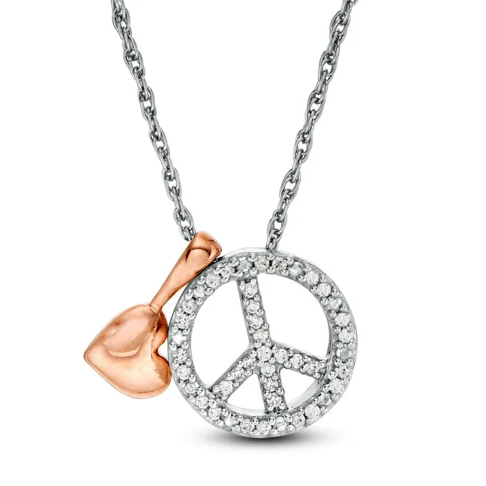 Necklaces 01 CT TW Natural Diamond Peace Sign and Puffed Heart Charm Pendant in Sterling Silver and 10K Rose Gold Goldia Necklaces 01 CT TW Natural Diamond Peace Sign and Puffed Heart Charm Pendant in Sterling Silver and 10K Rose Gold Goldia