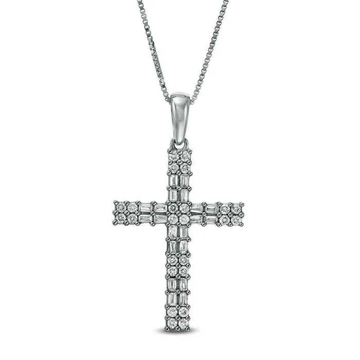 Necklaces 025 CT TW Baguette and Round Natural Diamond Double Row Cross Pendant in 10K White Gold Goldia Necklaces 025 CT TW Baguette and Round Natural Diamond Double Row Cross Pendant in 10K White Gold Goldia