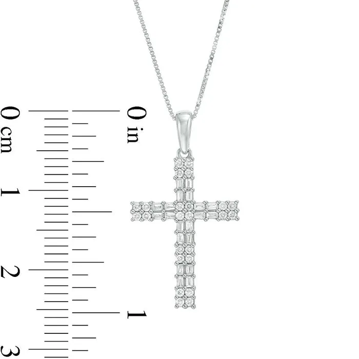 Necklaces 025 CT TW Baguette and Round Natural Diamond Double Row Cross Pendant in 10K White Gold Goldia Necklaces 025 CT TW Baguette and Round Natural Diamond Double Row Cross Pendant in 10K White Gold Goldia