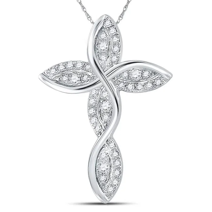Necklaces gndatlanta 14k White Gold Round Diamond Contoured Wavy Cross Pendant 16 Cttw