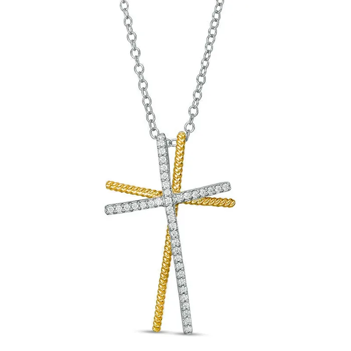 Necklaces Goldia 017 CT TW Natural Diamond Double Cross Pendant in 10K TwoTone Gold Necklaces Goldia 017 CT TW Natural Diamond Double Cross Pendant in 10K TwoTone Gold
