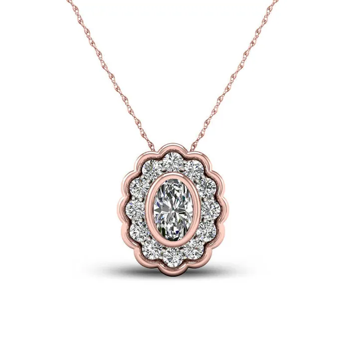 Necklaces Goldia 05 CT TW Oval Natural Diamond Flower Frame Pendant in 10K Rose Gold Necklaces Goldia 05 CT TW Oval Natural Diamond Flower Frame Pendant in 10K Rose Gold