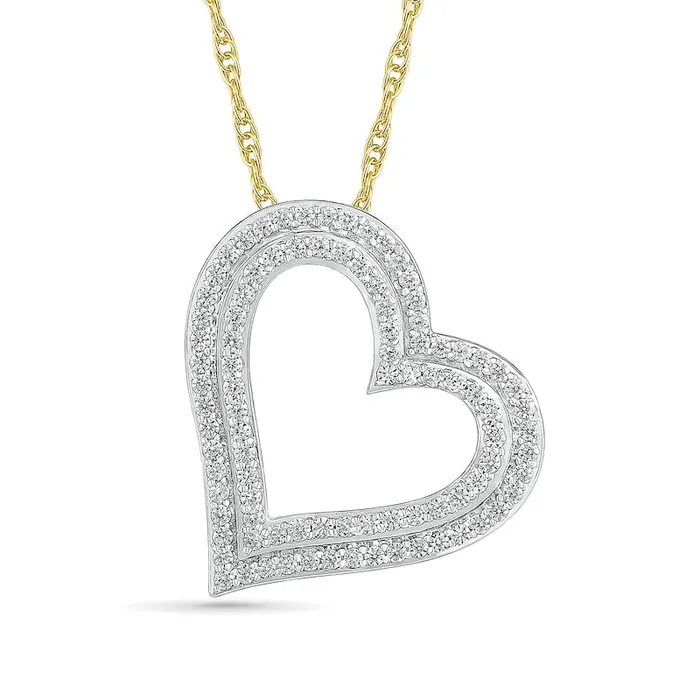 Necklaces Goldia 1 CT TW Natural Diamond Double Row Tilted Heart Pendant in 10K Yellow Gold Necklaces Goldia 1 CT TW Natural Diamond Double Row Tilted Heart Pendant in 10K Yellow Gold
