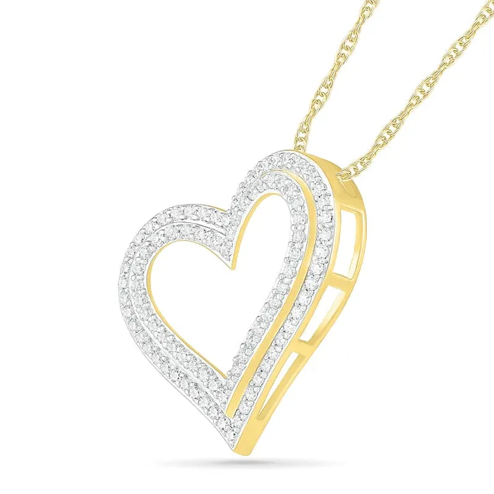 Necklaces Goldia 1 CT TW Natural Diamond Double Row Tilted Heart Pendant in 10K Yellow Gold Necklaces Goldia 1 CT TW Natural Diamond Double Row Tilted Heart Pendant in 10K Yellow Gold
