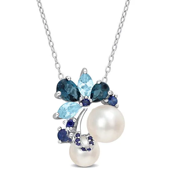 Necklaces JMS always Original AMOUR White Cultured Freshwater Pearl London and Skyblue Topaz and Sapphire Pendant with 20in Chain In Sterling Silver Necklaces JMS always Original AMOUR White Cultured Freshwater Pearl London and Skyblue Topaz and Sapphire Pendant with 20in Chain In Sterling Silver
