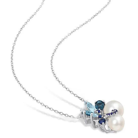 Necklaces JMS always Original AMOUR White Cultured Freshwater Pearl London and Skyblue Topaz and Sapphire Pendant with 20in Chain In Sterling Silver Necklaces JMS always Original AMOUR White Cultured Freshwater Pearl London and Skyblue Topaz and Sapphire Pendant with 20in Chain In Sterling Silver