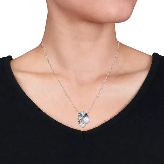 Necklaces JMS always Original AMOUR White Cultured Freshwater Pearl London and Skyblue Topaz and Sapphire Pendant with 20in Chain In Sterling Silver Necklaces JMS always Original AMOUR White Cultured Freshwater Pearl London and Skyblue Topaz and Sapphire Pendant with 20in Chain In Sterling Silver