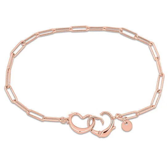 Original Amour Paper Clip Link Bracelet in Pink Plated Sterling Silver with Double Heart Clasp JMS always Bracelets