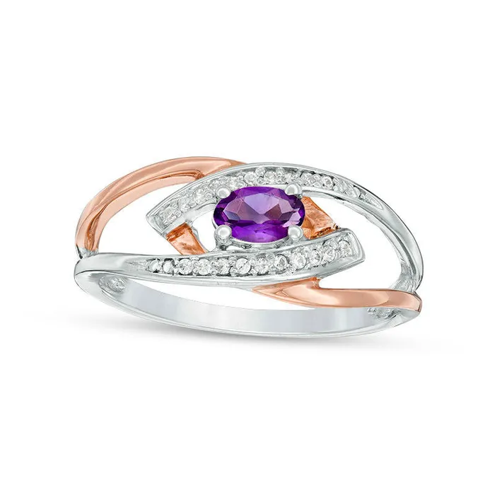 Oval Amethyst and Natural Diamond Accent Spilt Shank Ring in Sterling Silver and Solid 10K Rose Gold Goldia Rings Oval Amethyst and Natural Diamond Accent Spilt Shank Ring in Sterling Silver and Solid 10K Rose Gold Goldia Rings