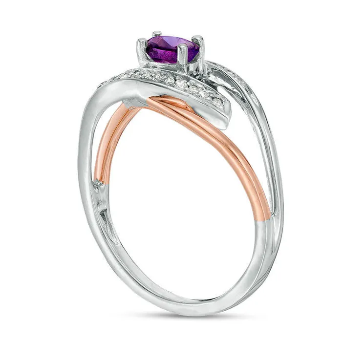 Oval Amethyst and Natural Diamond Accent Spilt Shank Ring in Sterling Silver and Solid 10K Rose Gold Goldia Rings Oval Amethyst and Natural Diamond Accent Spilt Shank Ring in Sterling Silver and Solid 10K Rose Gold Goldia Rings