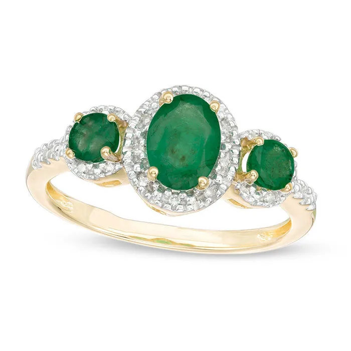 Oval Emerald and 005 CT TW Natural Diamond Three Stone Frame Ring in Solid 10K Yellow Gold Size 7 Goldia Rings Oval Emerald and 005 CT TW Natural Diamond Three Stone Frame Ring in Solid 10K Yellow Gold Size 7 Goldia Rings