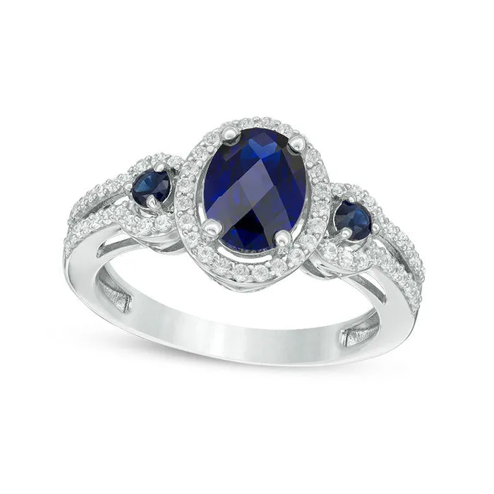 Oval LabCreated Blue and White Sapphire Frame Three Stone Ring in Sterling Silver Goldia Rings Oval LabCreated Blue and White Sapphire Frame Three Stone Ring in Sterling Silver Goldia Rings