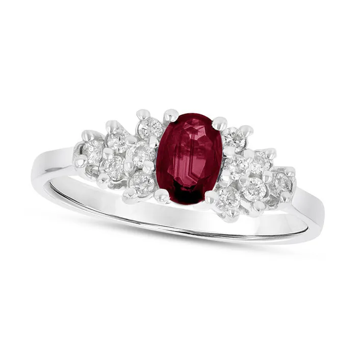 Oval Ruby and 017 CT TW Natural Diamond Triangle Side Clusters Ring in Solid 14K White Gold Goldia Rings Oval Ruby and 017 CT TW Natural Diamond Triangle Side Clusters Ring in Solid 14K White Gold Goldia Rings