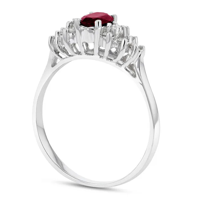 Oval Ruby and 017 CT TW Natural Diamond Triangle Side Clusters Ring in Solid 14K White Gold Goldia Rings Oval Ruby and 017 CT TW Natural Diamond Triangle Side Clusters Ring in Solid 14K White Gold Goldia Rings