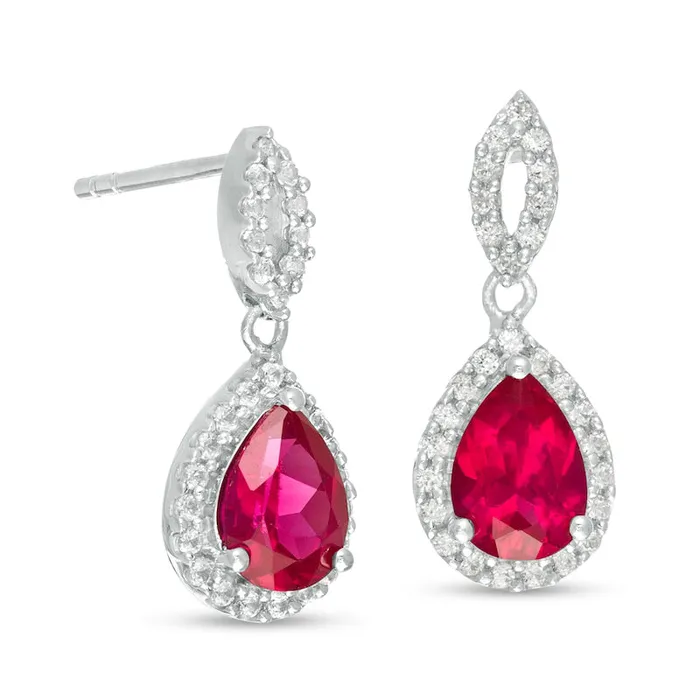 PearShaped LabCreated Ruby and White Sapphire Frame Teardrop Earrings in Sterling Silver Goldia Earrings PearShaped LabCreated Ruby and White Sapphire Frame Teardrop Earrings in Sterling Silver Goldia Earrings