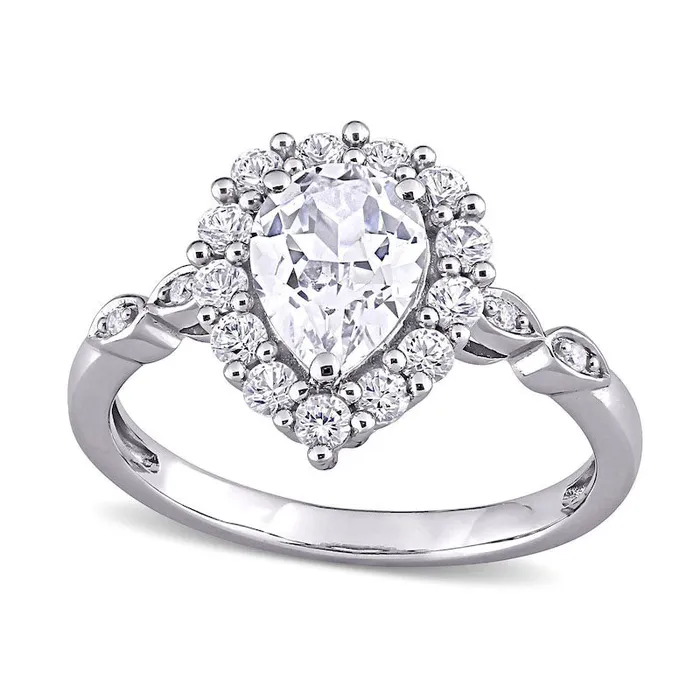 PearShaped White LabCreated Sapphire and Diamond Accent Frame Art Deco Engagement Ring in Solid 10K White Gold Goldia Rings PearShaped White LabCreated Sapphire and Diamond Accent Frame Art Deco Engagement Ring in Solid 10K White Gold Goldia Rings