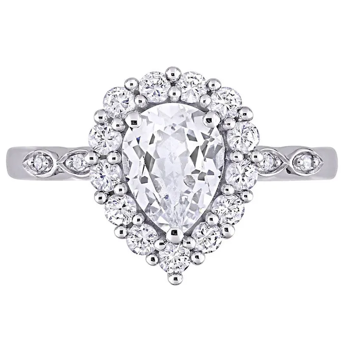 PearShaped White LabCreated Sapphire and Diamond Accent Frame Art Deco Engagement Ring in Solid 10K White Gold Goldia Rings PearShaped White LabCreated Sapphire and Diamond Accent Frame Art Deco Engagement Ring in Solid 10K White Gold Goldia Rings