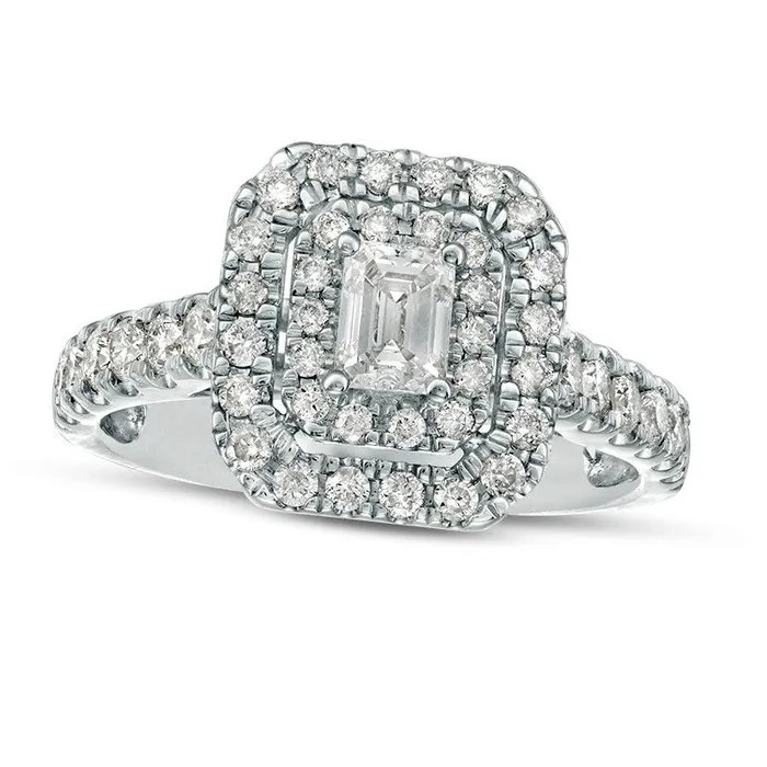 Previously Owned 10 CT TW EmeraldCut Natural Diamond Double Frame Engagement Ring in Solid 14K White Gold Goldia Rings Previously Owned 10 CT TW EmeraldCut Natural Diamond Double Frame Engagement Ring in Solid 14K White Gold Goldia Rings