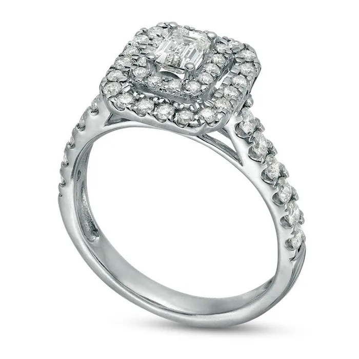 Previously Owned 10 CT TW EmeraldCut Natural Diamond Double Frame Engagement Ring in Solid 14K White Gold Goldia Rings Previously Owned 10 CT TW EmeraldCut Natural Diamond Double Frame Engagement Ring in Solid 14K White Gold Goldia Rings