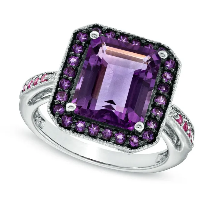 Rectangular Amethyst and LabCreated Pink Sapphire Ring in Sterling Silver Goldia Rings Rectangular Amethyst and LabCreated Pink Sapphire Ring in Sterling Silver Goldia Rings