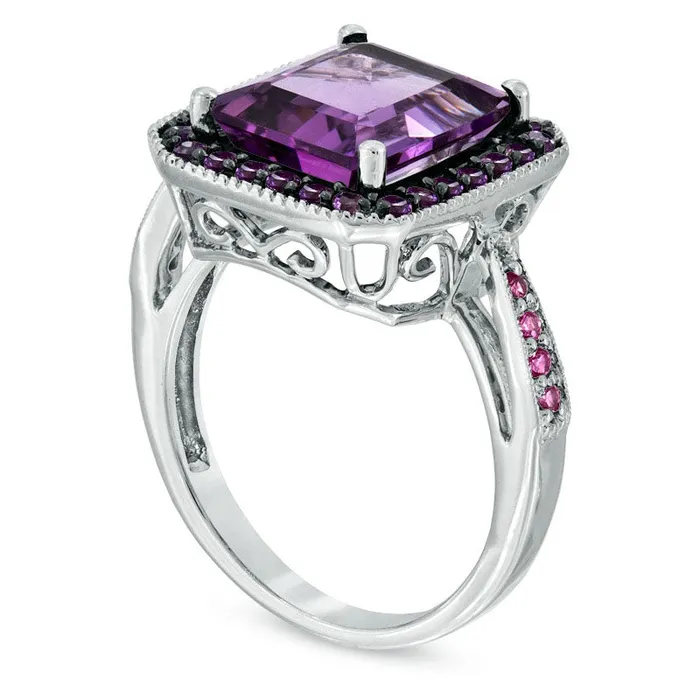 Rectangular Amethyst and LabCreated Pink Sapphire Ring in Sterling Silver Goldia Rings Rectangular Amethyst and LabCreated Pink Sapphire Ring in Sterling Silver Goldia Rings