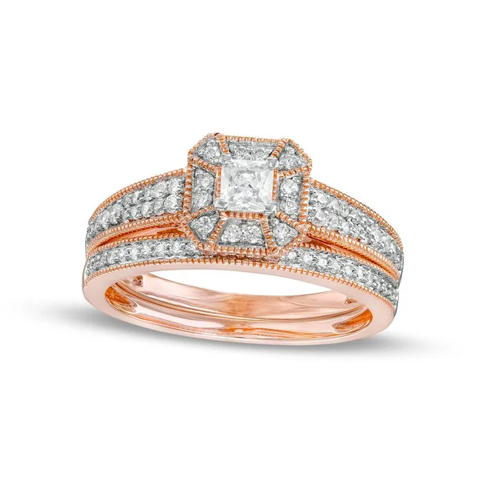 Rings 050 CT TW PrincessCut Natural Diamond Frame Three Piece Bridal Engagement Ring Set in Solid 10K Rose Gold JI3 Goldia Rings 050 CT TW PrincessCut Natural Diamond Frame Three Piece Bridal Engagement Ring Set in Solid 10K Rose Gold JI3 Goldia
