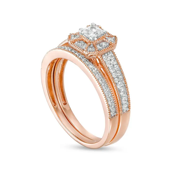 Rings 050 CT TW PrincessCut Natural Diamond Frame Three Piece Bridal Engagement Ring Set in Solid 10K Rose Gold JI3 Goldia Rings 050 CT TW PrincessCut Natural Diamond Frame Three Piece Bridal Engagement Ring Set in Solid 10K Rose Gold JI3 Goldia