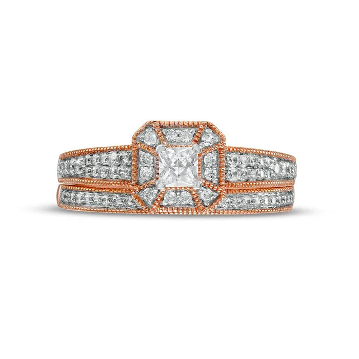 Rings 050 CT TW PrincessCut Natural Diamond Frame Three Piece Bridal Engagement Ring Set in Solid 10K Rose Gold JI3 Goldia Rings 050 CT TW PrincessCut Natural Diamond Frame Three Piece Bridal Engagement Ring Set in Solid 10K Rose Gold JI3 Goldia