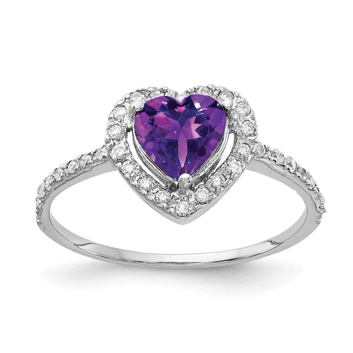 Rings 14k White Gold 6mm Heart Amethyst AA Real Diamond ring Goldiacom
