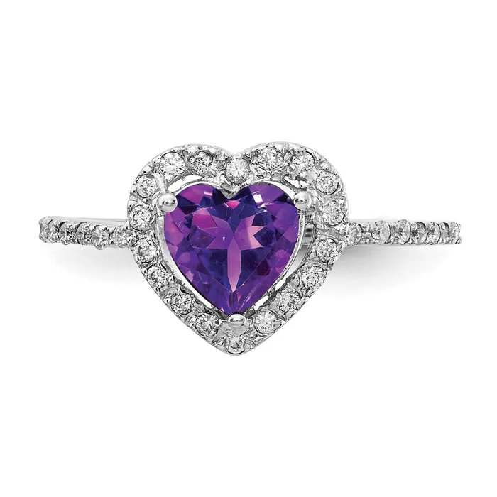 Rings 14k White Gold 6mm Heart Amethyst AA Real Diamond ring Goldiacom