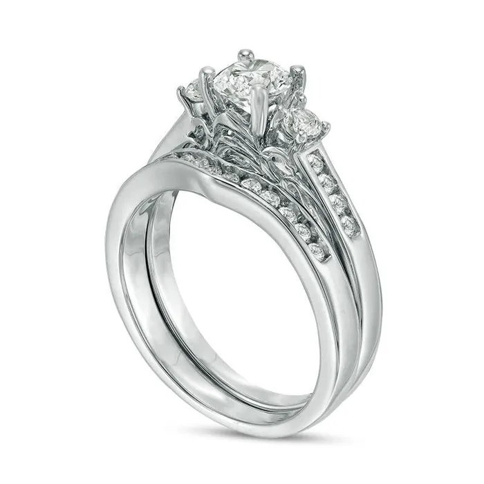 Rings 54mm LabCreated White Sapphire Three Stone Bridal Engagement Ring Set in Solid 10K White Gold Goldia Rings 54mm LabCreated White Sapphire Three Stone Bridal Engagement Ring Set in Solid 10K White Gold Goldia