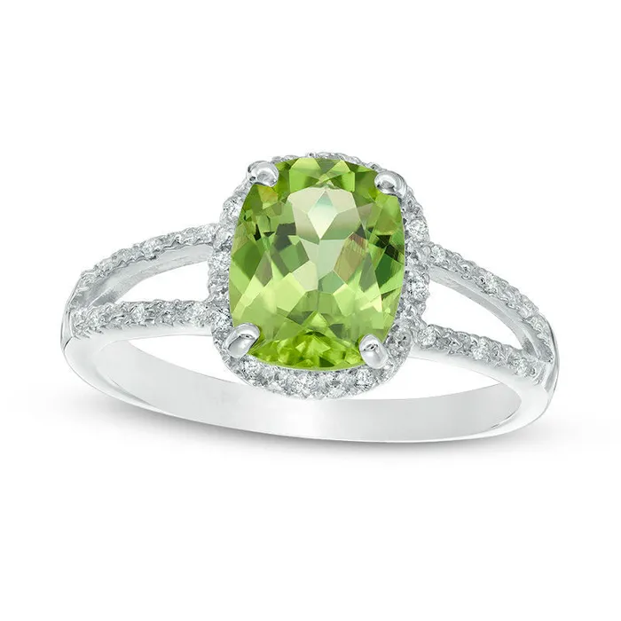 Rings CushionCut Peridot and 010 CT TW Natural Diamond Frame Split Shank Ring in Sterling Silver Goldia Rings CushionCut Peridot and 010 CT TW Natural Diamond Frame Split Shank Ring in Sterling Silver Goldia