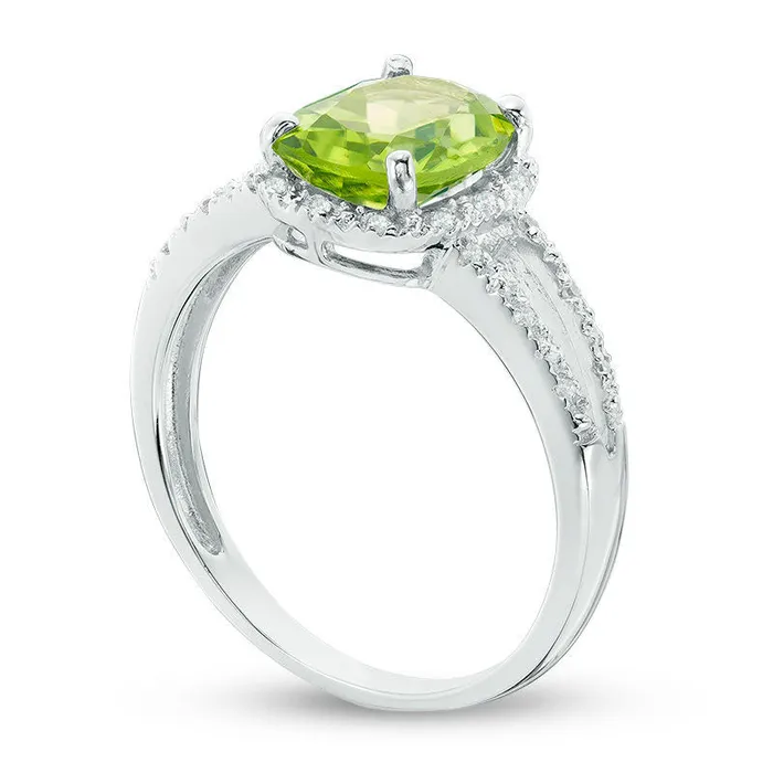 Rings CushionCut Peridot and 010 CT TW Natural Diamond Frame Split Shank Ring in Sterling Silver Goldia Rings CushionCut Peridot and 010 CT TW Natural Diamond Frame Split Shank Ring in Sterling Silver Goldia