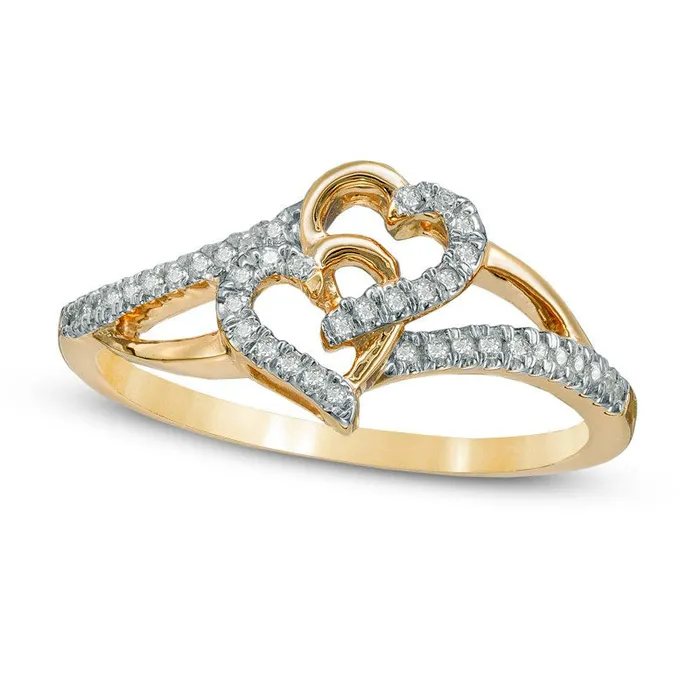 Rings Goldia 010 CT TW Natural Diamond Interlocking Hearts Ring in Solid 10K Yellow Gold
