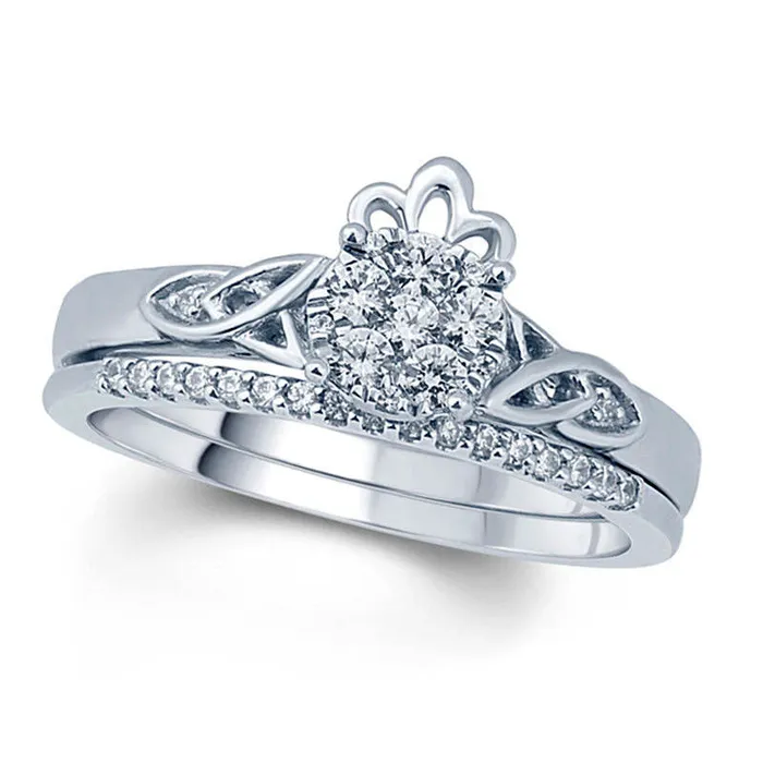 Rings Goldia 033 CT TW Natural Diamond Flower Cluster Celtic Trinity Knot and Crown Bridal Engagement Ring Set in Solid 10K White Gold Rings Goldia 033 CT TW Natural Diamond Flower Cluster Celtic Trinity Knot and Crown Bridal Engagement Ring Set in Solid 10K White Gold