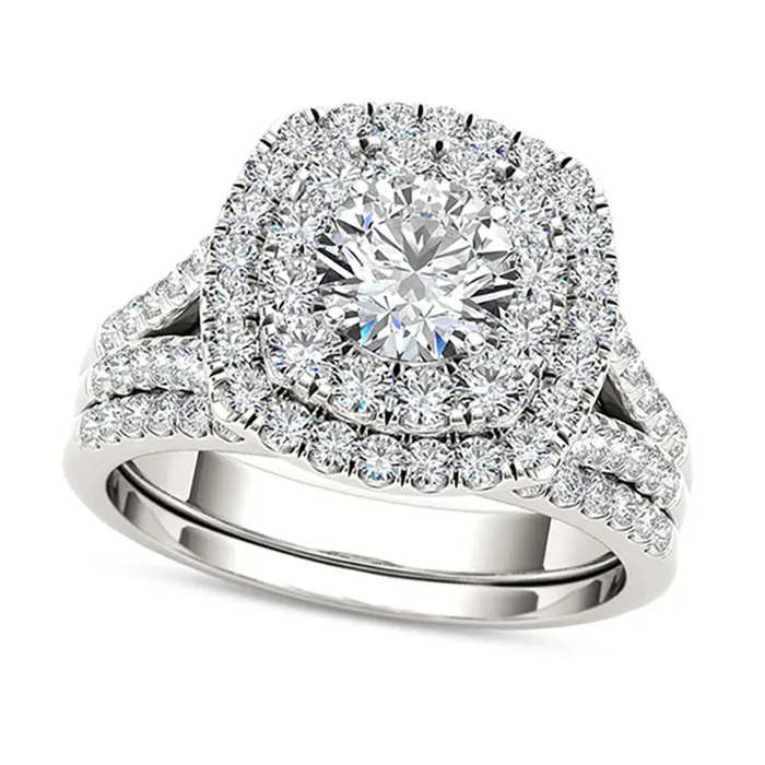 Rings Goldia 20 CT TW Natural Diamond Double Cushion Frame Split Shank Bridal Engagement Ring Set in Solid 14K White Gold Rings Goldia 20 CT TW Natural Diamond Double Cushion Frame Split Shank Bridal Engagement Ring Set in Solid 14K White Gold