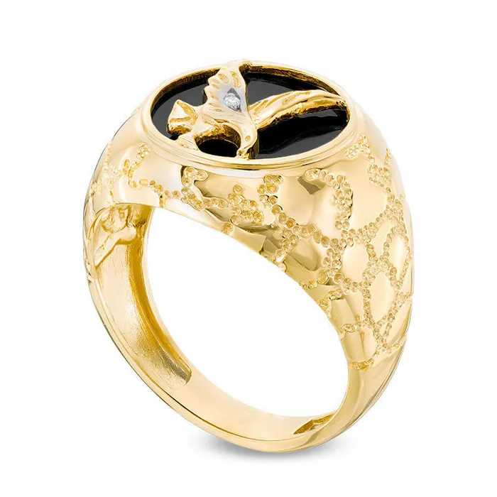 Rings Goldia Mens Onyx Eagle and Natural Diamond Accent Signet Ring in Solid 10K Yellow Gold
