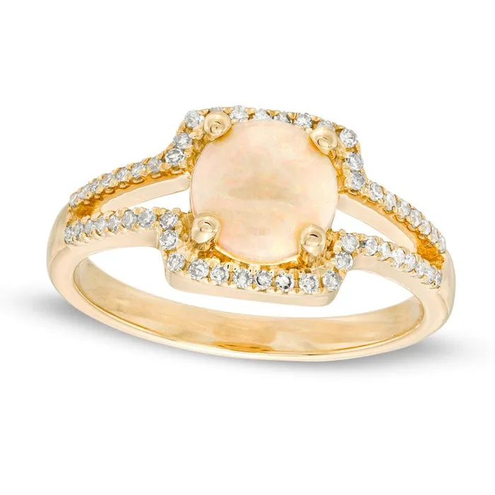 Rings Goldia Opal and 020 CT TW Natural Diamond Cushion Frame Split Shank Ring in Solid 10K Yellow Gold Rings Goldia Opal and 020 CT TW Natural Diamond Cushion Frame Split Shank Ring in Solid 10K Yellow Gold