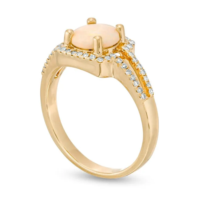 Rings Goldia Opal and 020 CT TW Natural Diamond Cushion Frame Split Shank Ring in Solid 10K Yellow Gold Rings Goldia Opal and 020 CT TW Natural Diamond Cushion Frame Split Shank Ring in Solid 10K Yellow Gold
