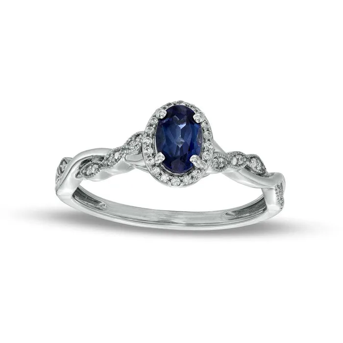 Rings Goldia Oval Blue LabCreated Sapphire and 010 CT TW Diamond Frame Twist Shank Engagement Ring in Sterling Silver Rings Goldia Oval Blue LabCreated Sapphire and 010 CT TW Diamond Frame Twist Shank Engagement Ring in Sterling Silver
