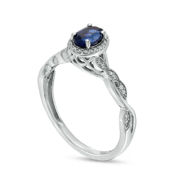 Rings Goldia Oval Blue LabCreated Sapphire and 010 CT TW Diamond Frame Twist Shank Engagement Ring in Sterling Silver Rings Goldia Oval Blue LabCreated Sapphire and 010 CT TW Diamond Frame Twist Shank Engagement Ring in Sterling Silver