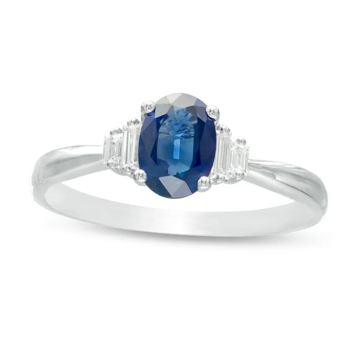 Rings Goldia Oval Blue Sapphire and 005 CT TW Baguette Natural Diamond Stepped Collar Ring in Solid 10K White Gold Rings Goldia Oval Blue Sapphire and 005 CT TW Baguette Natural Diamond Stepped Collar Ring in Solid 10K White Gold