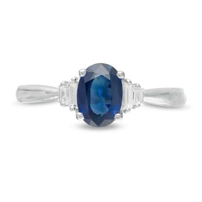 Rings Goldia Oval Blue Sapphire and 005 CT TW Baguette Natural Diamond Stepped Collar Ring in Solid 10K White Gold Rings Goldia Oval Blue Sapphire and 005 CT TW Baguette Natural Diamond Stepped Collar Ring in Solid 10K White Gold