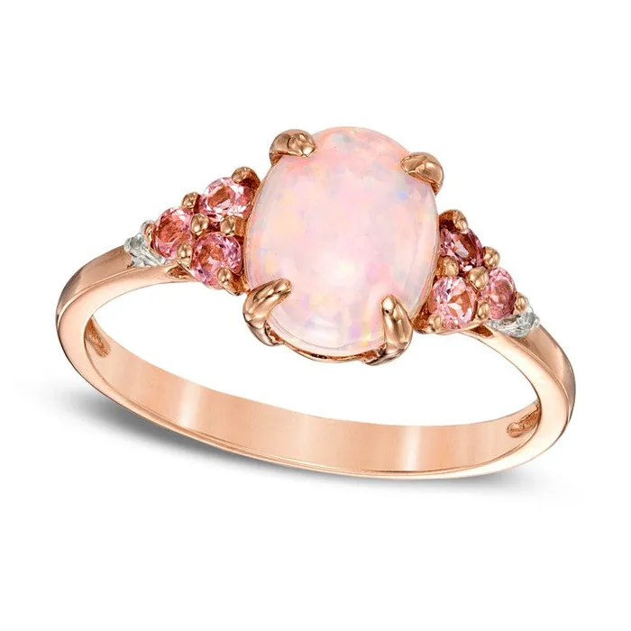 Rings LabCreated Pink Opal Pink Tourmaline and LabCreated White Sapphire Ring in Sterling Silver with Solid 14K Rose Gold Plate Goldia Rings LabCreated Pink Opal Pink Tourmaline and LabCreated White Sapphire Ring in Sterling Silver with Solid 14K Rose Gold Plate Goldia