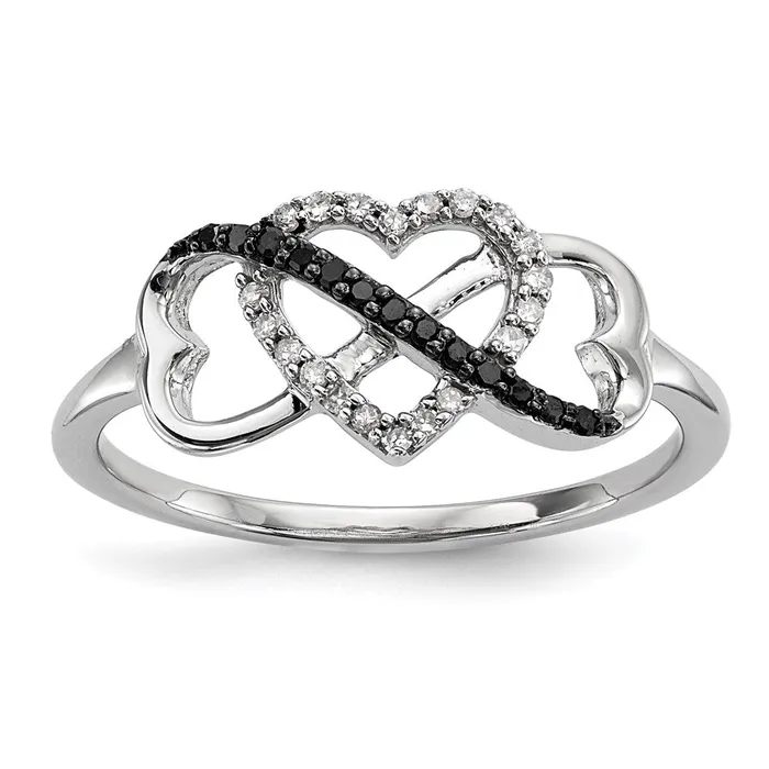 Rings Sterling Silver Black and White Diamond Triple Heart Ring Goldia