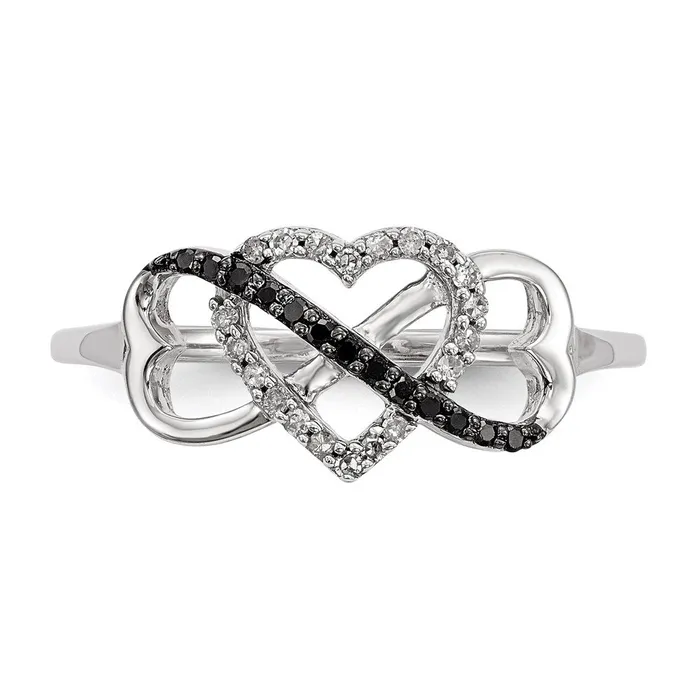Rings Sterling Silver Black and White Diamond Triple Heart Ring Goldia